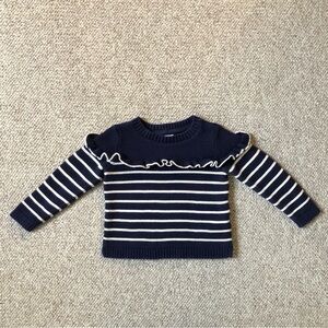Baby Gap Navy Blue and White Breton Stripe Ruffle Sweater 2T